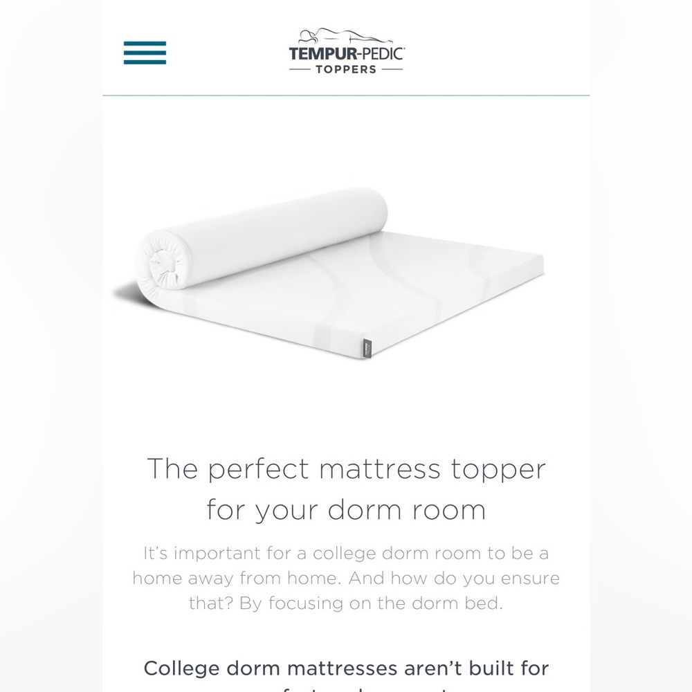 TEMPUR PEDIC mattress topper twin xl size, perfect for college dorms!